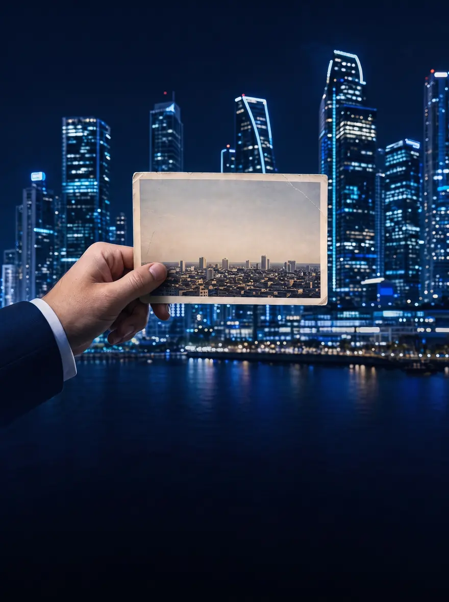 Mão em terno segura uma fotografia antiga de uma cidade baixa à frente do skyline noturno atual, muito maior e iluminado. As bordas não coincidem.
