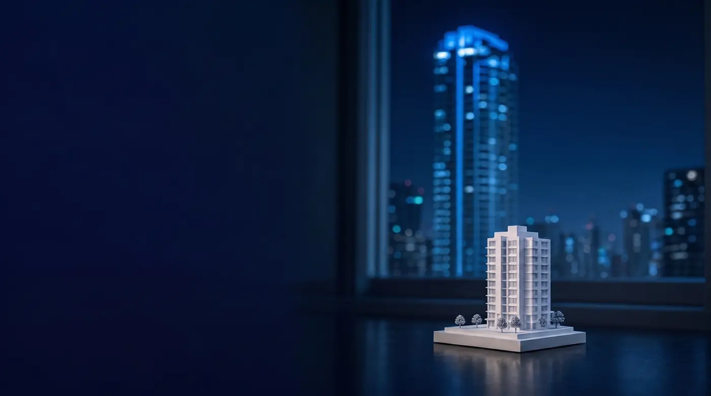 Maquete branca de um edifício antigo apoiada no parapeito de uma janela, com o skyline noturno real muito mais alto ao fundo.