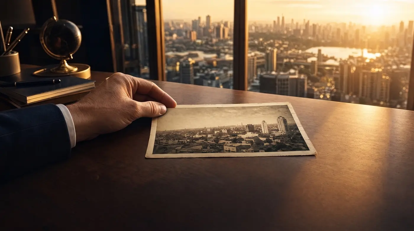 Fotografia antiga da cidade apoiada sobre a mesa de um escritório alto, com a cidade atual em luz dourada de fim de tarde pela janela.