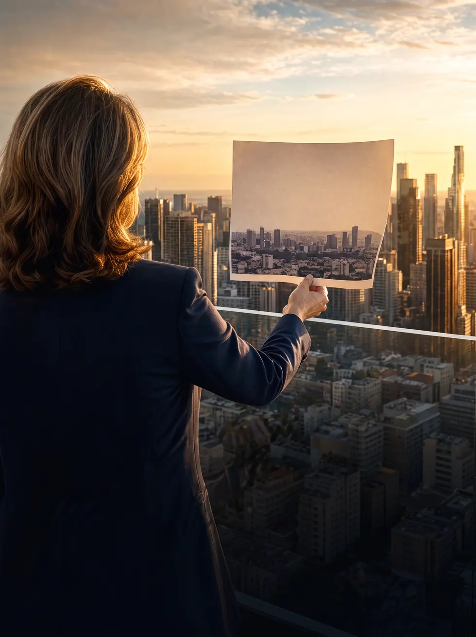 Executiva de costas, no alto de um edifício, ergue uma fotografia antiga da cidade contra o skyline atual em luz de fim de tarde.